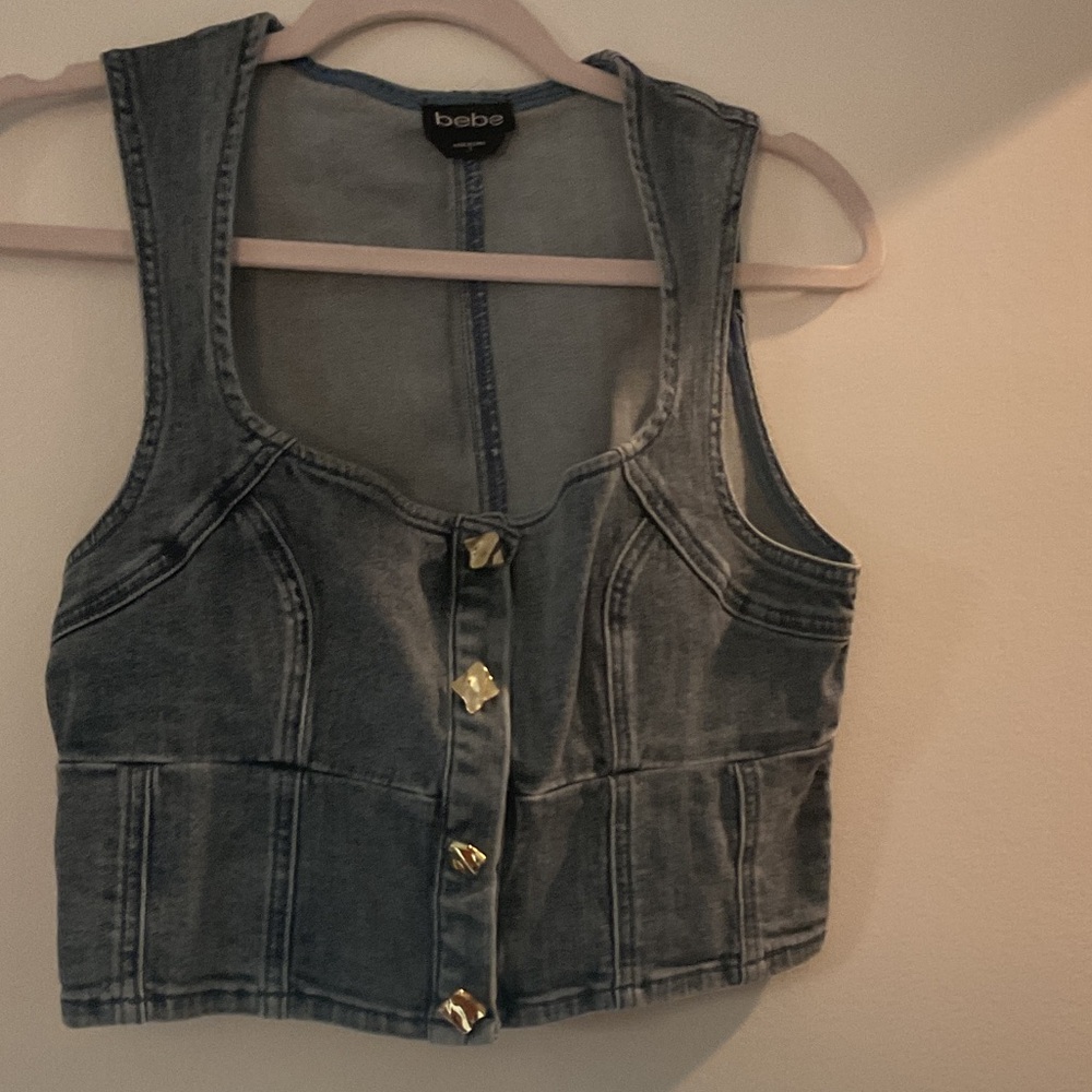 Bebe Blue Denim Vest with Gold Accents